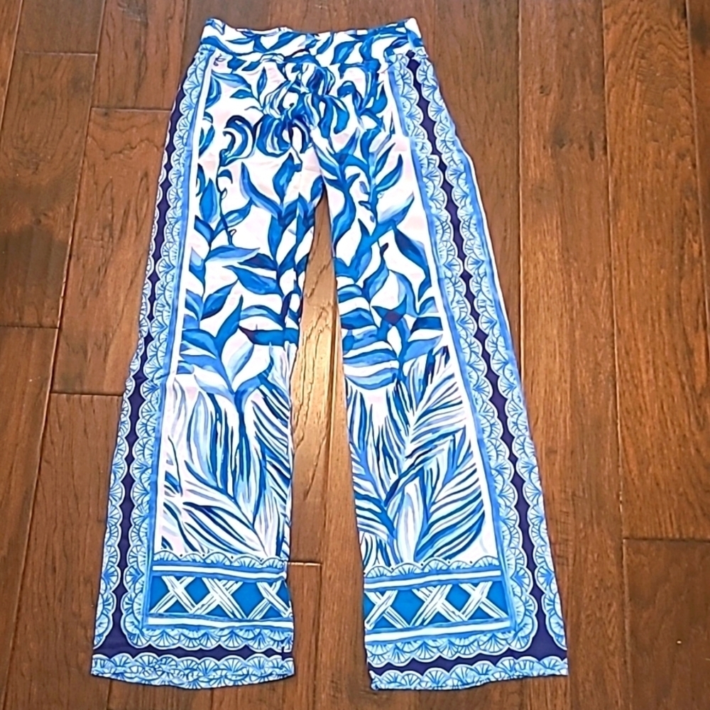 Lilly Pulitzer Bal Harbour Palazzo Pants Pink Tropics Blue Wide Leg Size XXS